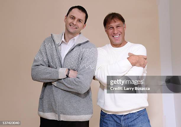 Retired Lithuanian professional basketball players Arturas Karnisovas and Sarunas Marciulionis pose for a portrait during the 2012 Sundance Film...