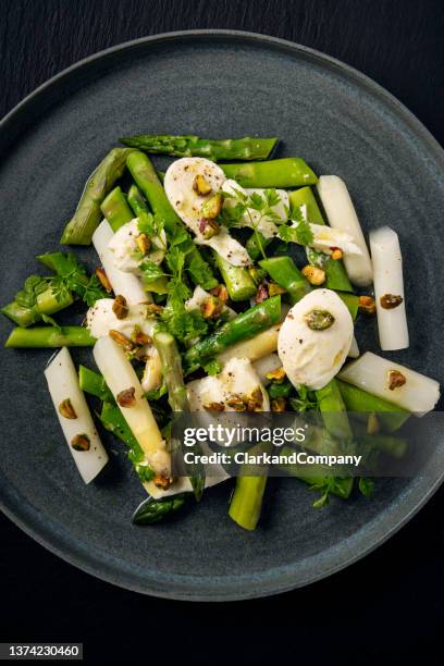 mozzarella with white and green asparagus and pistachios - asparagus stock pictures, royalty-free photos & images