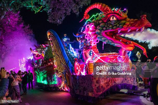The Orpheus Leviathan, a signature float in the 2022 Krewe of Orpheus parade, rolls down Napoleon Avenue on February 28, 2022 in New Orleans,...