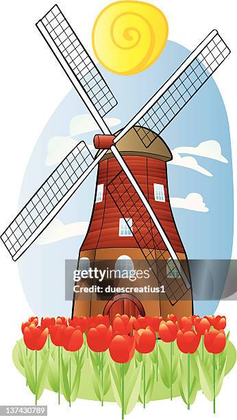 tulip and windmill - tulip fields netherlands stock illustrations