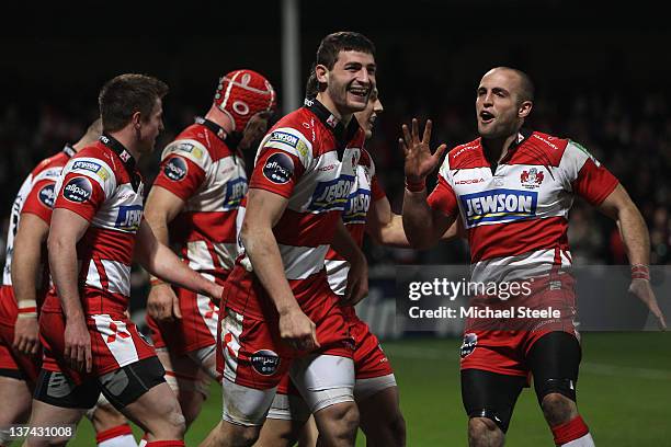 Jonny May of Gloucester celebrates with Charlie Sharples after scoring the decisive try during the Gloucester v Toulouse Heineken Cup Pool Six match...