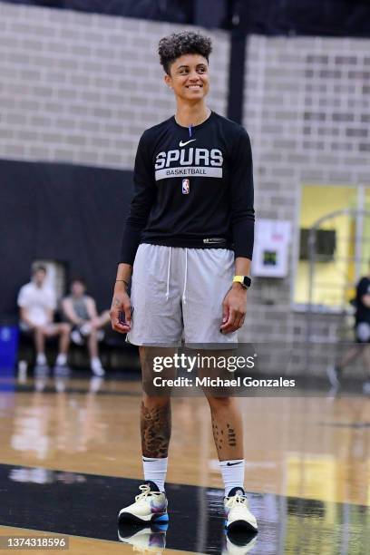 Coach Candice Dupree looks on during an open practice on June 30, 2023 at the AT&T Center in San Antonio, Texas. NOTE TO USER: User expressly...