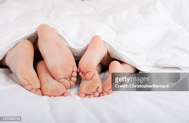 familia de tres pies en la cama - woman lying on stomach with feet up fotografías e imágenes de stock
