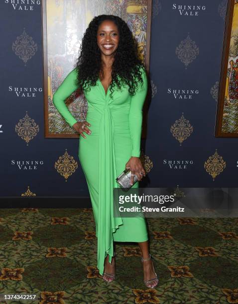 Merrin Dungey arrives at the Premiere Of STARZ "Shining Vale" at TCL Chinese Theatre on February 28, 2022 in Hollywood, California.