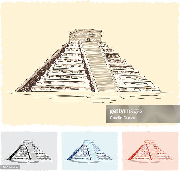 chichen itza sketch - mayan ruins stock illustrations