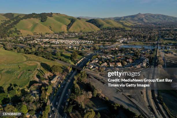 Drone view of the East Bay hills near the historic Niles district is seen in Fremont, Calif., on Monday, Feb. 28, 2022. The absence of rain has led...