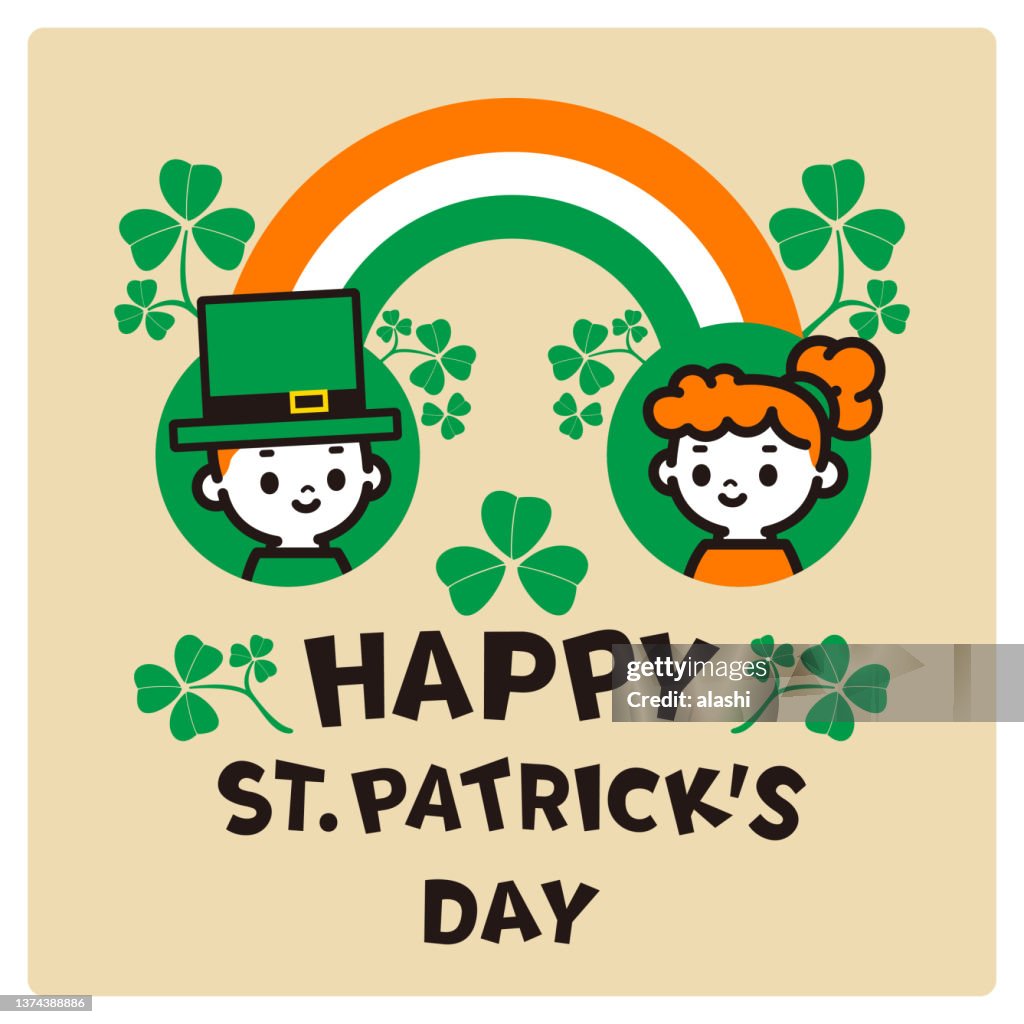 Happy St. Patrick's Day hand-drawn lettering logotype with rainbow and icons of a cute boy and girl in Saint Patrick's Day costume