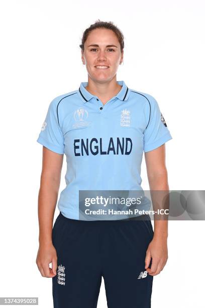 Nat Sciver of England poses during an England squad portrait session ahead of the 2022 ICC Cricket World Cup at Orangetheory Stadium on February 27,...