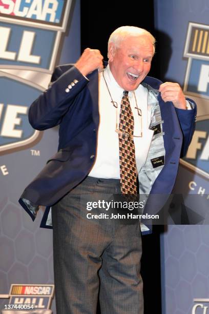 Hall of Fame inductee Cale Yarborough receives his jacket during the 2012 NASCAR Hall of Fame induction ceremony at the Charlotte Convention Center...