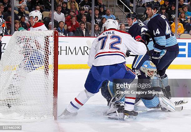 Erik Cole of the Montreal Canadiens scores a goal on Marc-Andre Fleury of the Pittsburgh Penguins on January 20, 2012 at Consol Energy Center in...