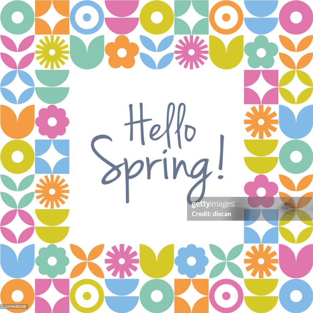 Spring background with modern geometric flower frame. Retro Scandinavian style.
