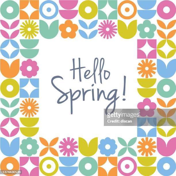 spring background with modern geometric flower frame. retro scandinavian style. - springtime stock illustrations