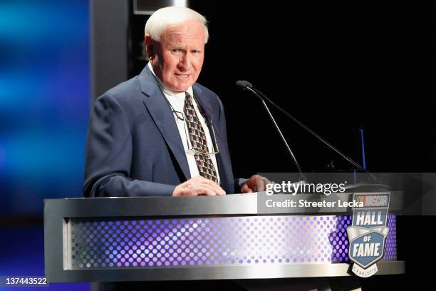 Cale Yarborough speaks as he is inducted into the NASCAR Hall of Fame during the 2012 NASCAR Hall of Fame induction ceremony at the Charlotte...