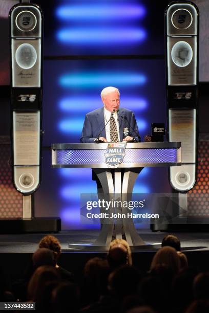 Cale Yarborough speaks as he is inducted into the NASCAR Hall of Fame during the 2012 NASCAR Hall of Fame induction ceremony at the Charlotte...