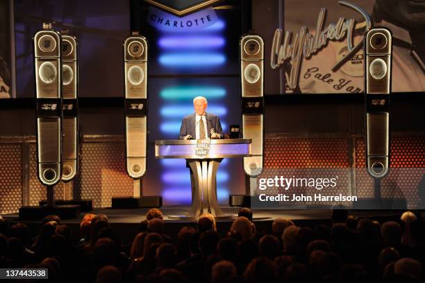 Cale Yarborough speaks as he is inducted into the NASCAR Hall of Fame during the 2012 NASCAR Hall of Fame induction ceremony at the Charlotte...