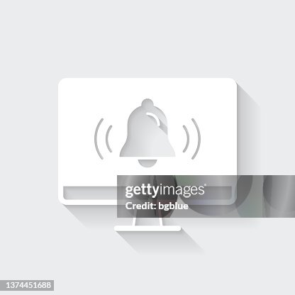 Desktop computer with ringing bell - Notification. Icon with long shadow on blank background - Flat Design Desktop computer with ringing bell - Notification. Icon with long shadow on blank background - Flat Design