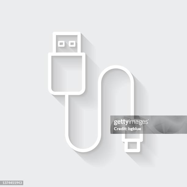 usb cable. icon with long shadow on blank background - flat design - usb cord 幅插畫檔、美工圖案、卡通及圖標