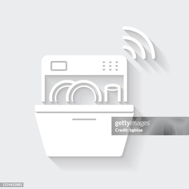 smart dishwasher. icon with long shadow on blank background - flat design - open dishwasher stock illustrations