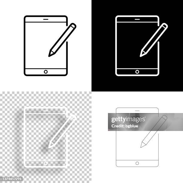 tablet pc with pen. icon for design. blank, white and black backgrounds - line icon - interactive-tool-icons stock illustrations