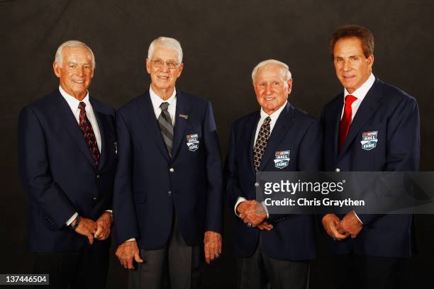 From left, Dale Inman, Glen Wood, Cale Yarborough and Darrell Waltrip pose for a photo after being inducted into the NASCAR Hall of Fame on January...