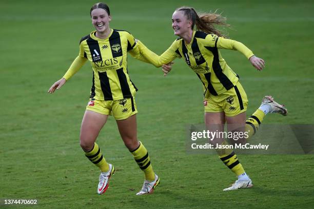 Kate Taylor of the Phoenix celebrates scoring a goal during the A-League Women's match between Western Sydney Wanderers and Wellington Phoenix at...
