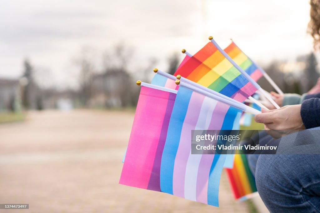 Multiple pride flags hold by people