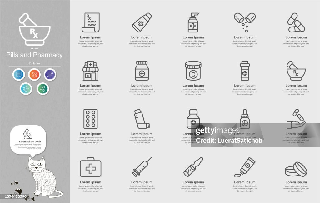 Pills and Pharmacy Line Icons Content Infographic