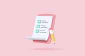 3d white clipboard task management todo check list with pencil, efficient work on project plan, fast progress, level up concept, assignment and exam checklist icon. 3d vector on pink background