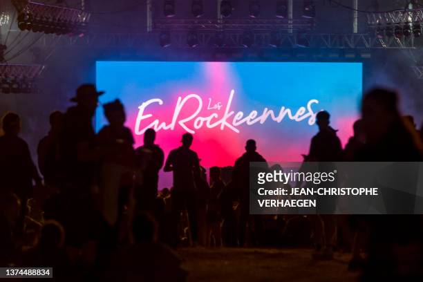 The logo of the 33rd edition of the Eurockeennes de Belfort rock music festival is pictured on a stage in Sermamagny, eastern France on June 30, 2023.