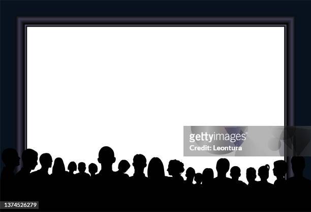 stockillustraties, clipart, cartoons en iconen met crowd (all people are complete and moveable- a clipping path hides the legs) - projection equipment