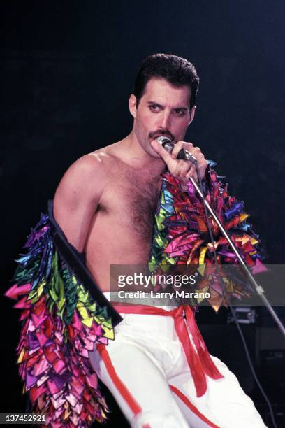 Freddie Mercury of Queen performs at Madison Square Garden on July 27, 1983 in New York City.