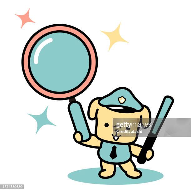 a cute dog police officer holding a magnifying glass and nightstick - smuggling stock illustrations