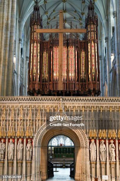 The Easter and Lent cross is raised during a photo call as part of the Minster's preparations to mark the season of Lent at York Minster at York...