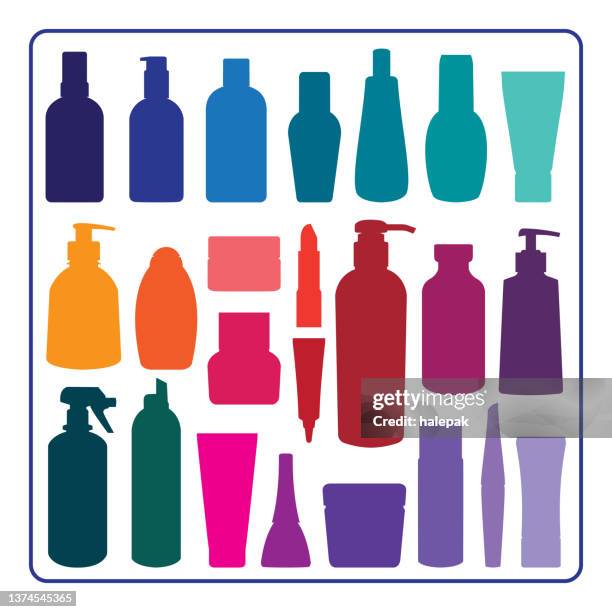 stockillustraties, clipart, cartoons en iconen met cosmetic bottles silhouettes - zonnebrandcrème