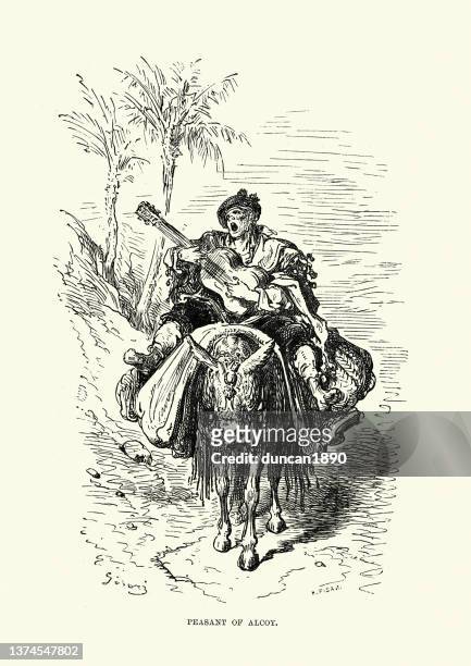 peasant of alcoy, playing guitar and singing, riding a donkey, valencia, spain, 19th century gustave dore - folk music stock illustrations