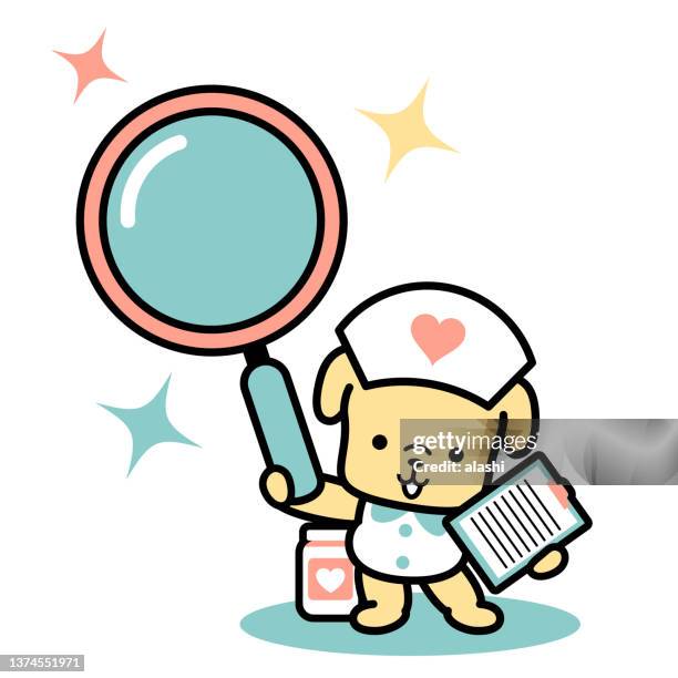 cute dog nurse standing and holding a magnifying glass and medical record - pet first aid kit stock illustrations