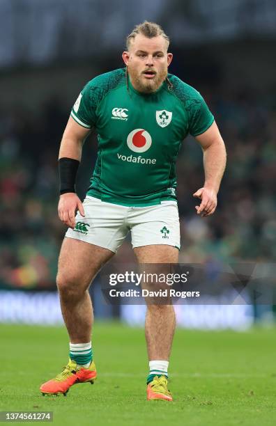 Finlay Bealham of Ireland looks on during the Six Nations Rugby match between Ireland and Italy at Aviva Stadium on February 27, 2022 in Dublin,...