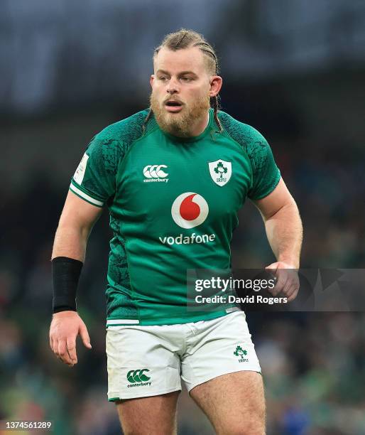 Finlay Bealham of Ireland looks on during the Six Nations Rugby match between Ireland and Italy at Aviva Stadium on February 27, 2022 in Dublin,...