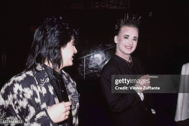 British keyboard player Nick Rhodes and British singer and songwriter Boy George following the press conference ahead of 'The Concert That Counts',...