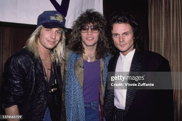 American rock singer Vince Neil, American singer, songwriter and guitarist Jon Bon Jovi, and British actor and singer Michael Des Barres attend the...