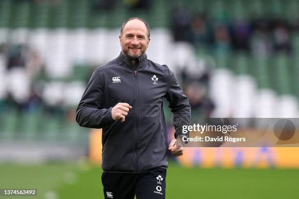 Mike Catt, the Ireland assistant coach looks on during the Six Nations Rugby match between Ireland and Italy at Aviva Stadium on February 27, 2022 in...