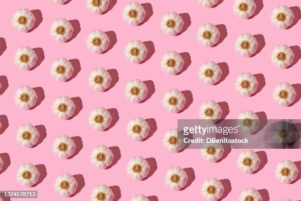 garlic pattern with skin with hard shadow on pink background. cooking, culinary, farming, farming and organic food concept. - knoblauch stock-fotos und bilder