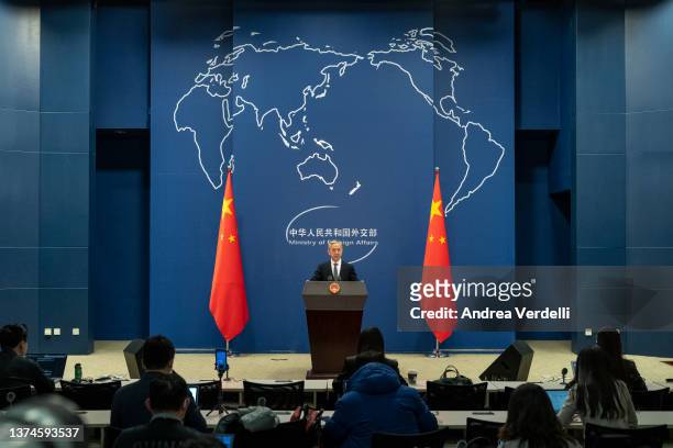 Ministry of Foreign Affairs spokesperson Wang Wenbing speaks during the daily press conference on March 01, 2022 in Beijing, China.