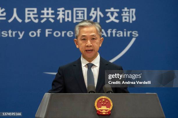 Ministry of Foreign Affairs spokesperson Wang Wenbing gestures towards a journalist during the daily press conference on March 01, 2022 in Beijing,...