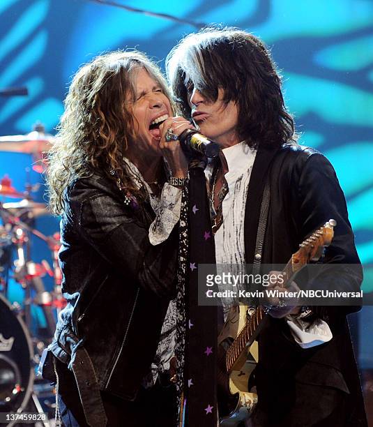 Singer Steven Tyler and musician Joe Perry of Aerosmith perform on the Tonight Show With Jay Leno at NBC Studios on January 20, 2012 in Burbank,...