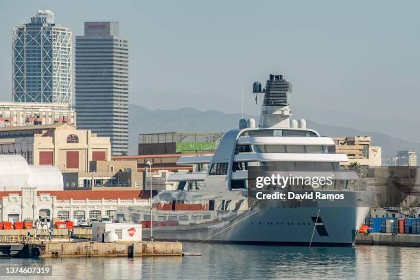 Roman Abramovich's Super Yacht Solaris is seen moored at Barcelona Port on March 01, 2022 in Barcelona, Spain. The United States and the European...