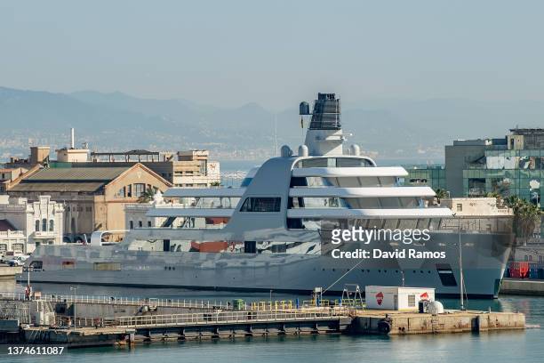 Roman Abramovich's Super Yacht Solaris is seen moored at Barcelona Port on March 01, 2022 in Barcelona, Spain. The United States and the European...