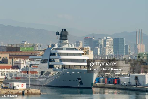 Roman Abramovich's Super Yacht Solaris is seen moored at Barcelona Port on March 01, 2022 in Barcelona, Spain. The United States and the European...