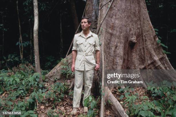 British Royal Charles, Prince of Wales, wearing a safari suit during a visit to the rainforest at the Korup National Park in Cameroon, 22nd March...