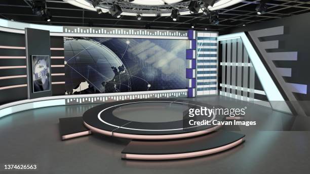 virtual tv studio set. green screen background. 3d rendering - estúdio de televisão - fotografias e filmes do acervo